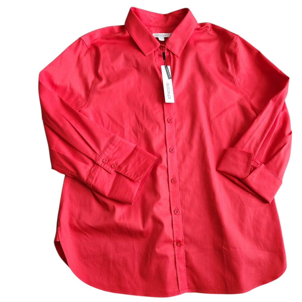 Chico's No Iron Stretch Button Front Top Shirt Women's 14 Red Flip Cuff Career